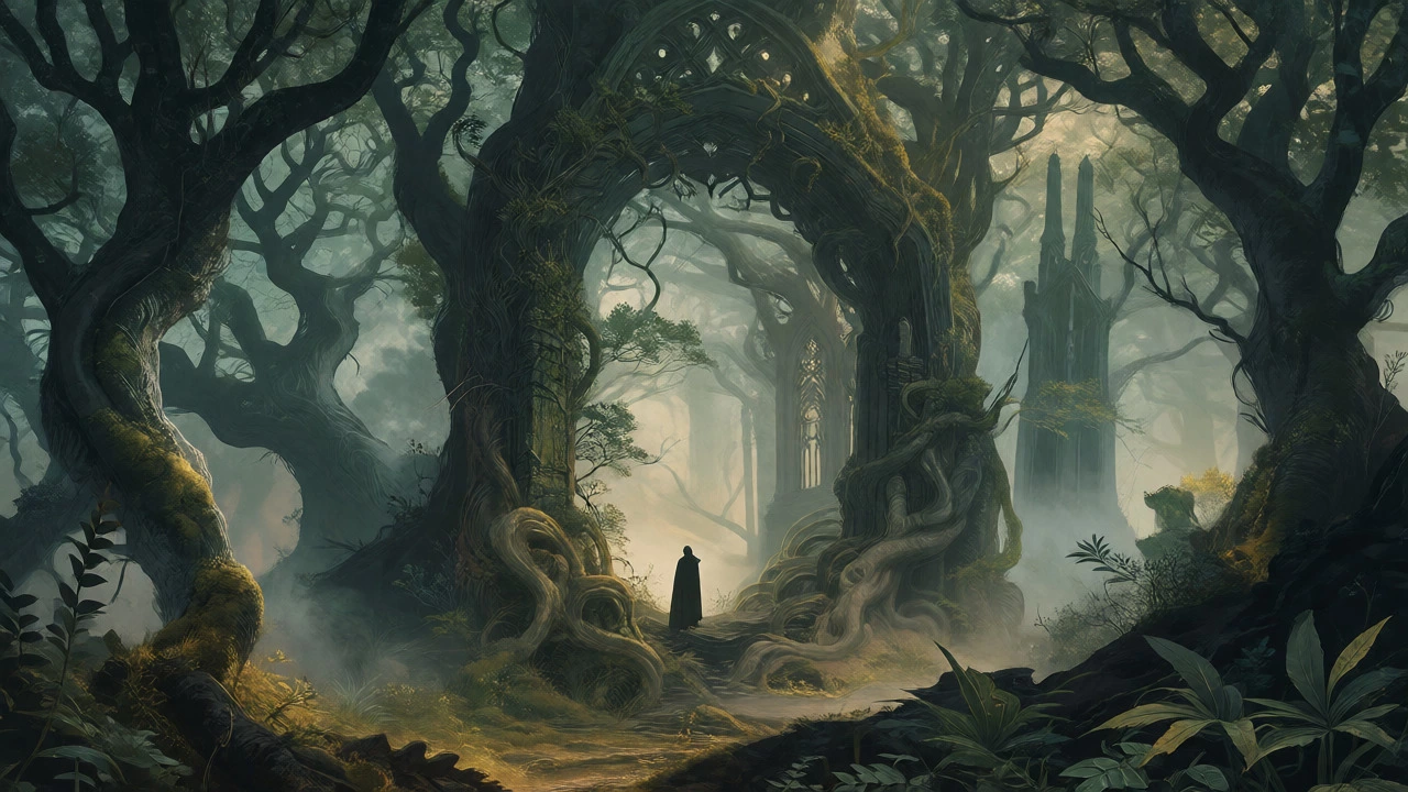 Misty forest with twisted trees and a traveler facing a magical stone portal.