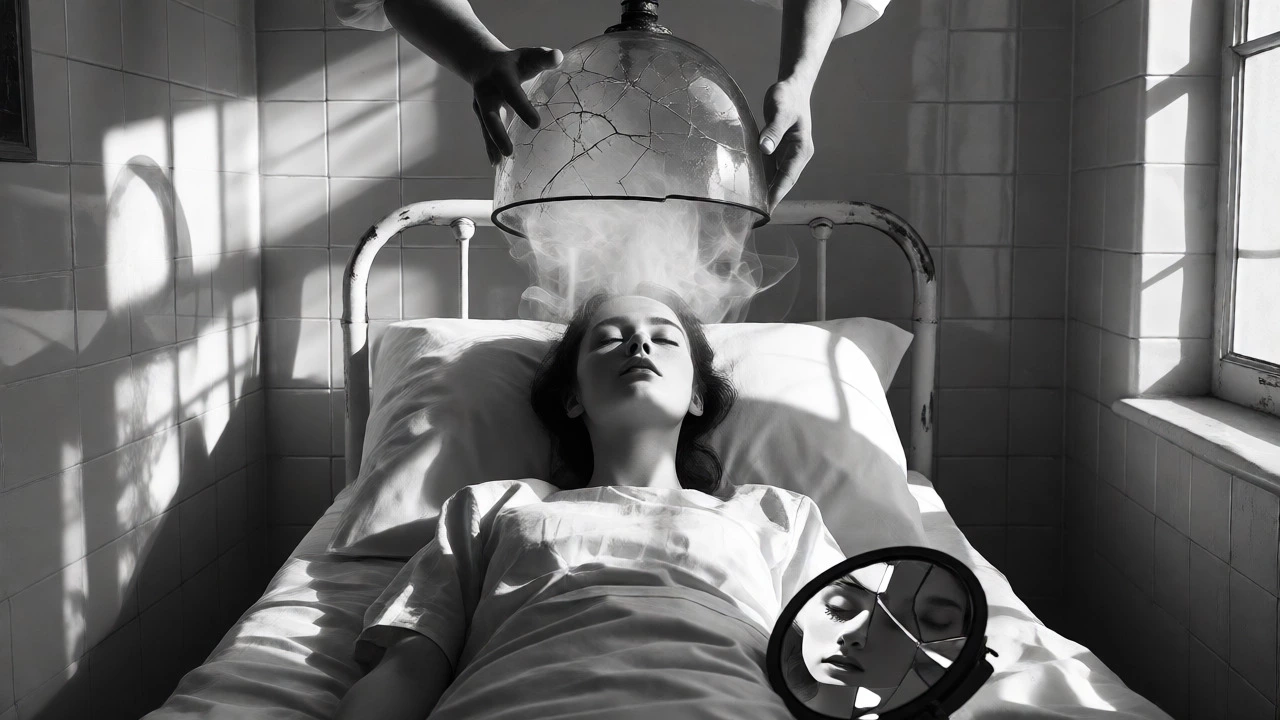 Patient in hospital bed with dissolving bell jar