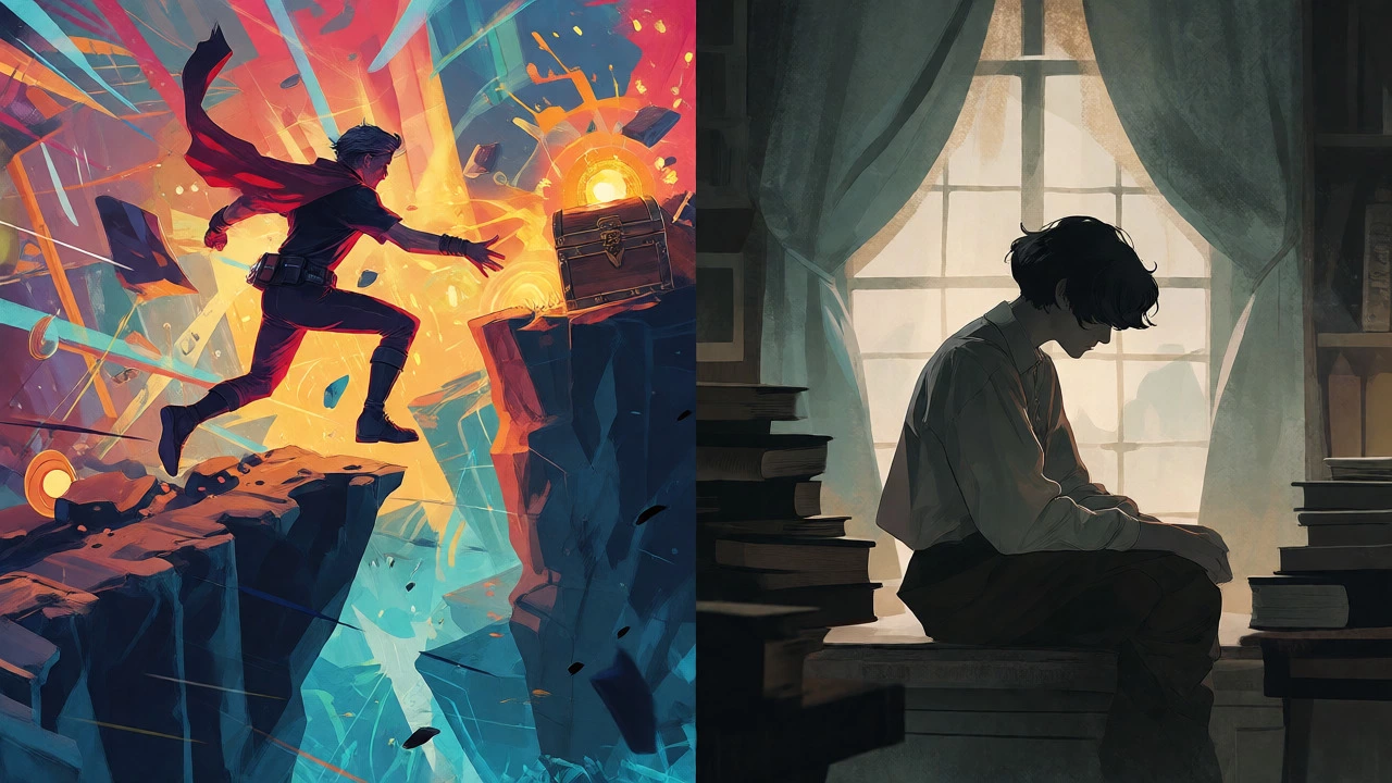 Split screen comparing fast-paced adventure and reflective literary scenes