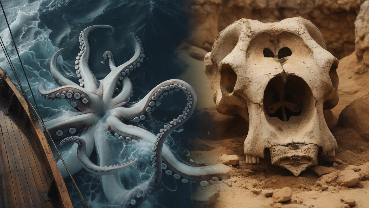 Split view of a giant squid in the ocean and an elephant skull fossil