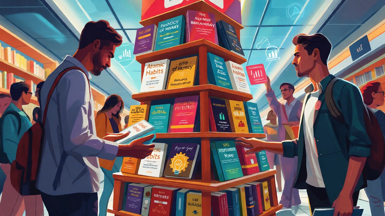 Travelers selecting self-help books from a busy airport bookstore display