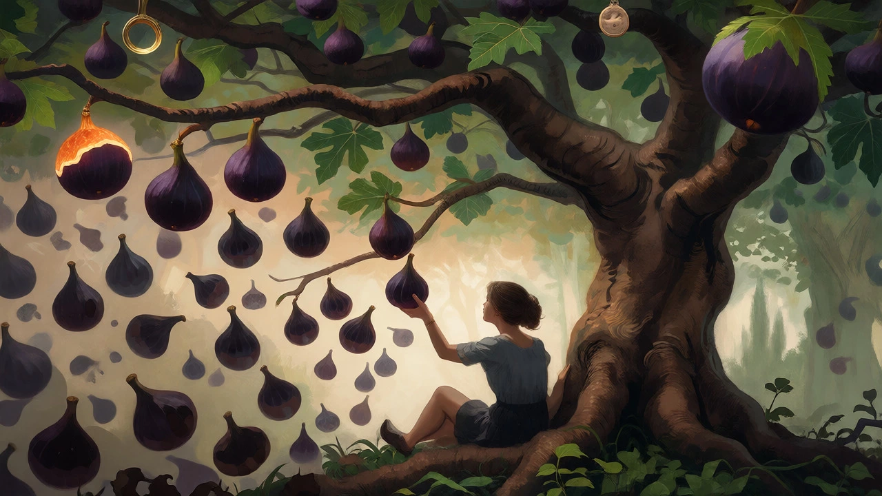 Woman reaching for figs on tree while others rot